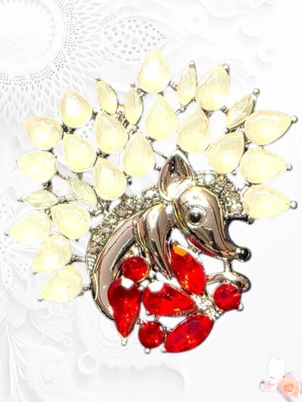 Vintage Porcupine Brooch Silver Tone Red Crystal Opaline Glass Figural 549